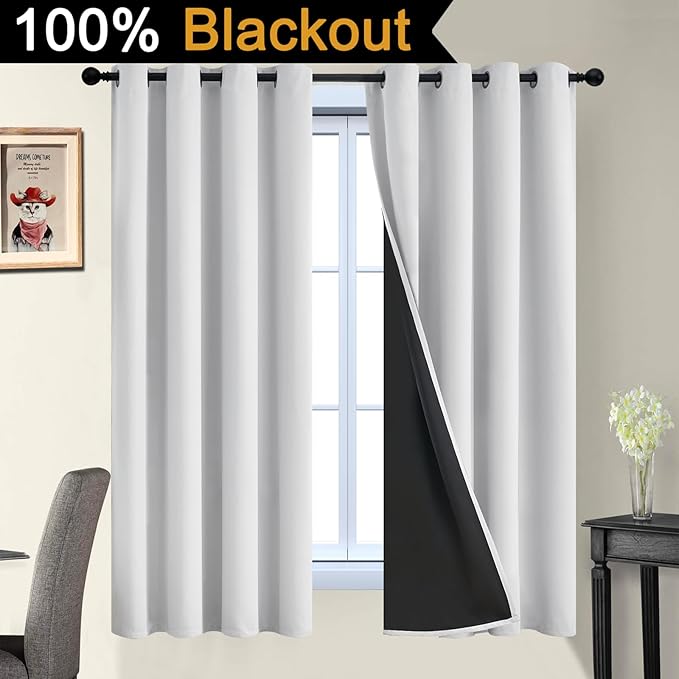 Yakamok 100% Blackout Curtains 63 Inches Long, 2 Thick Layers Heat and Full Light Blocking Soft Thermal Insulated Drapes for Bedroom(52" Wide Each Panel, Greyish White, 2 Panels)