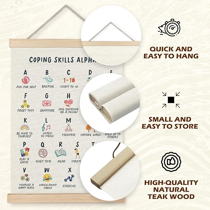 Supwhd Coping Skills Alphabet Poster for Kids, Mental Health Wall Decor for Classroom Nursery Kids Room Playroom School Counselor Office, Mental Health Poster Hanger Frame, 12x16