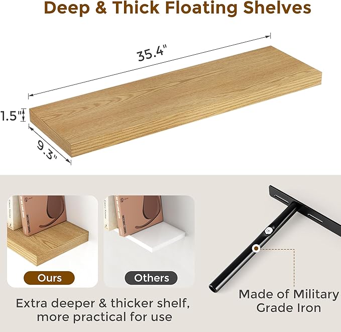 Fun Memories 36x9.3 Floating Shelves for Wall, Wood Floating Shelf 36 Inch Long, Large Deep Wall Shelves for Home Decor & Storage, Rustic Deep Shelf for Living Room, Bedroom, Kitchen, Oak Color