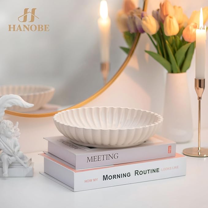 Hanobe Decorative Bowl Home Decor: Large Centerpiece Bowls for Living Room Coffee Table Resin Scalloped Ruffle Key Tray for Entryway Console Accent Display Fruit for Dinning Table Kitchen Counter