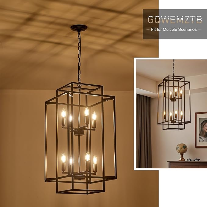 8-Light Black Chandelier,Semi Flush Light Fixture for Farmhouse with Metal Cage,E12 Bulb Socket and Adjustable Height for Dining Room,Kitchen Island,Living Room,Staircase, Entryway and indoor