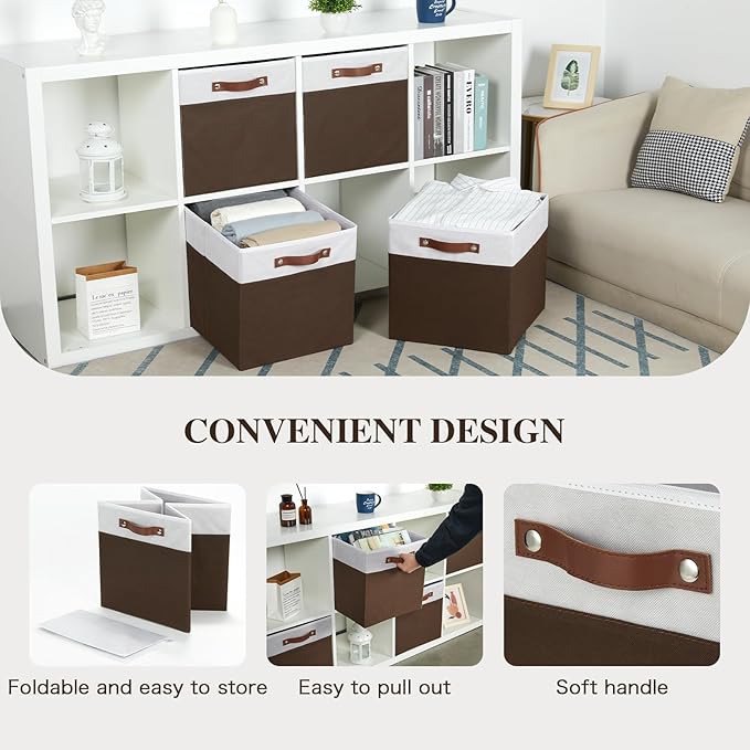 Temary Foldable Cube Baskets 4Pack - Shelf Storage Bins with Handles, Fabric Storage Organizer for Clothes, Home (White&Brown, 13x15x13 Inch)