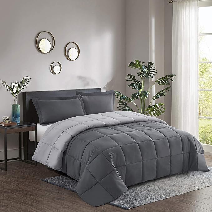 HIG 3pc Gray Oversized King Plus Comforter Set Duvet Insert, Reversible, All Season, Box Stitched, with Corner Tabs, Soft, Fluffy（128'' x 120''）