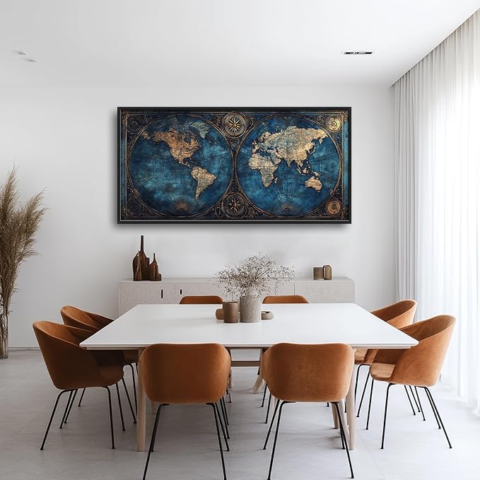 World Map Framed Wall Art for Living Room, Large Map of The World Canvas Wall Decor, Vintage Maps Pictures Painting, Modern Artwork for Office Bathroom Bedroom 60L'' × 30W''