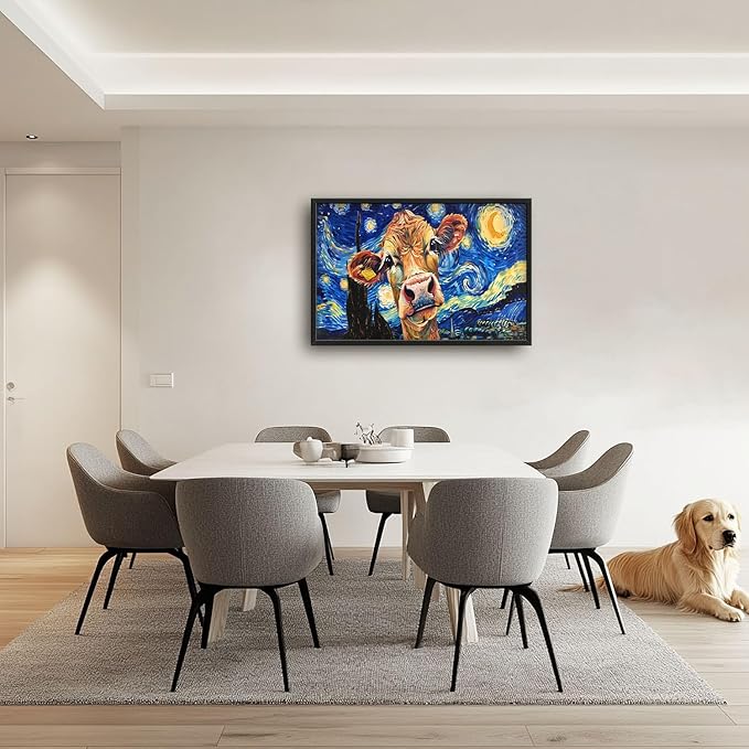 Flintis Large Cow Wall Art Starry Sky Night Cow Pictures Wall Decor Abstract Animal Canvas Painting Print Artworks Decorations Framed for Living Room Bathroom Master Bedroom Office 36L x 24W