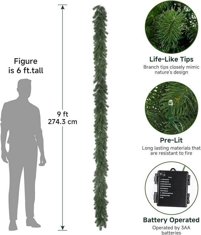 9ft Pre-Lit Christmas Garland, Artificial Lighted Norfolk Pine Garland with Multi-Color Lights, Battery Operated Garland for Mantle Stairs Table Fireplace Xmas Decorations