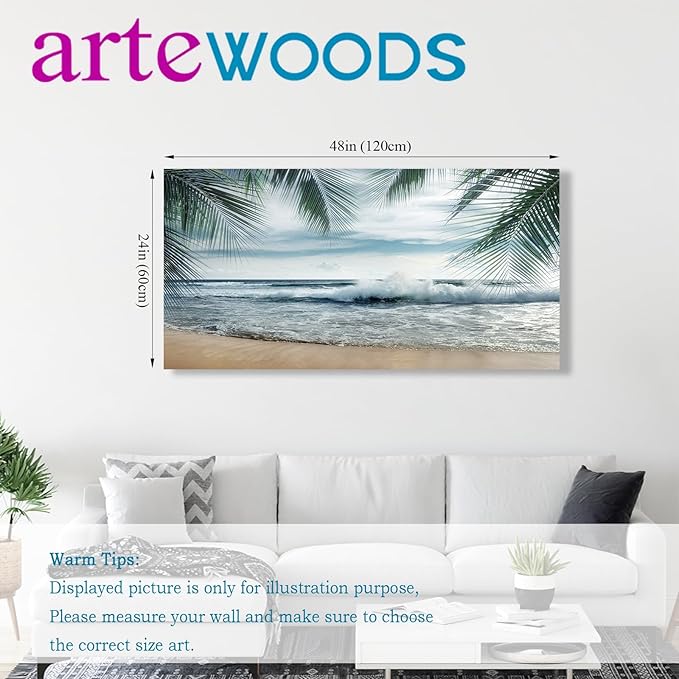 arteWOODS Tropical Beach Canvas Wall Art - Ocean Waves Pictures Coastal Oceanic Blue Sky and Sea Print Seaside Palm Tree Leaves Scene Painting Artwork Living Room Bedroom Office Home Decor 24" x 48"