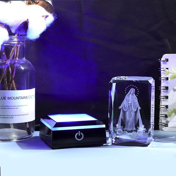 Movdyka 3D Crystal Virgin Mary Statue Religious Gifts for Women Men Christian Laser Engrave Religious Figurine Christmas Ornaments Decor with Colorful LED Base Catholic Gifts Women Friends Faith