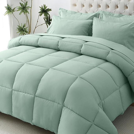 JOLLYVOGUE California King Comforter Set, Ultra-Soft Bed in a Bag Cal King Size 7 Pieces, Oeko-TEX Certified Bedding Set with Down Alternative Comforter, Sheets, Pillowcases & Shams, Sage Green