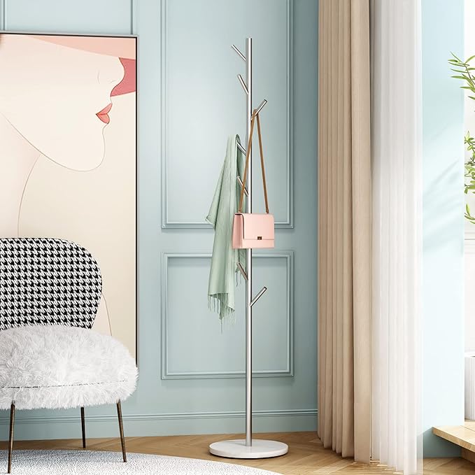 Silver Coat Racks, Metal Coat Rack Freestanding with Hooks, Entryway Coat Rack Stand, Coat Racks with Marble Base, Coat Tree for Hanging Clothes, Hats, Bags