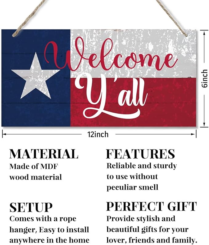 Welcome Y'all Decor Sign, Hanging Wood Sign Home Decorative, Printed Wood Wall Art Sign, Wooden Hanging Sign, Texas Flag Welcome Door Hanger, Welcome Sign for Front Door, Farmhouse Porch Decor 12*6in