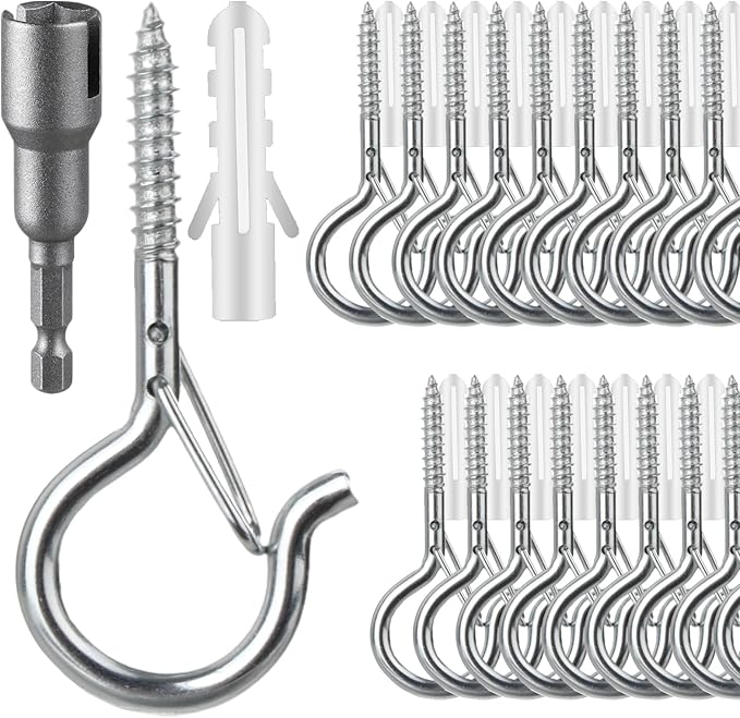 24 PCS Q-Hanger Hooks, Screw Hooks for Outdoor String Lights, Safety Buckle Design Cup Eye Hook for Hanging Christmas Lights, Plants, Mounted on Wall Ceiling, Include 1 Wing Nut Driver, Silver