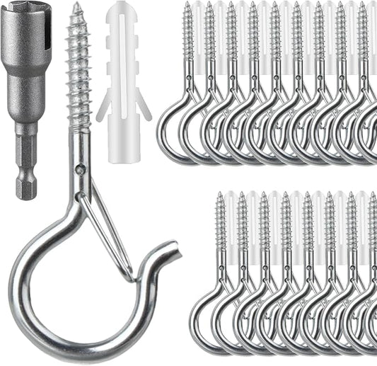 24 PCS Q-Hanger Hooks, Screw Hooks for Outdoor String Lights, Safety Buckle Design Cup Eye Hook for Hanging Christmas Lights, Plants, Mounted on Wall Ceiling, Include 1 Wing Nut Driver, Silver