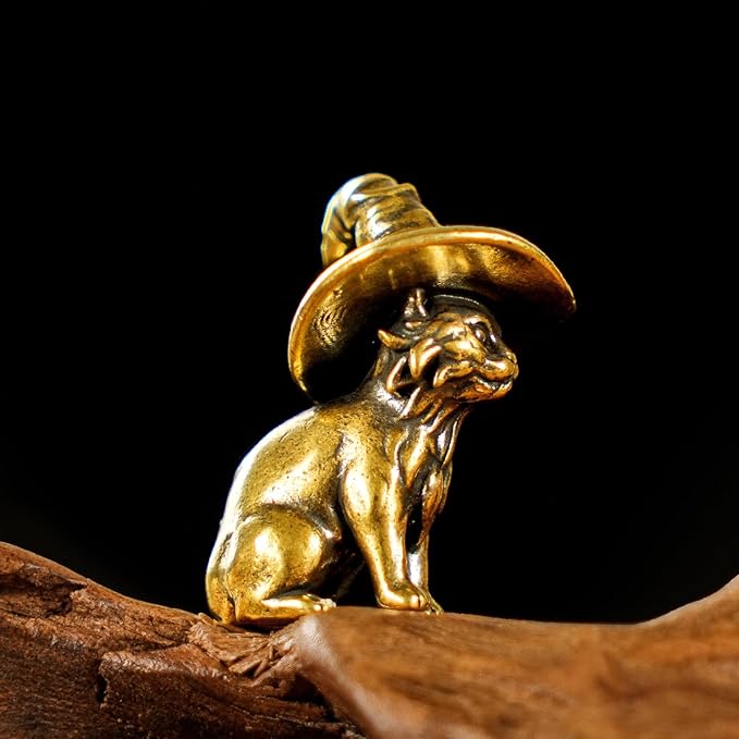 CHOVY Retro Handcrafted Witch Cat Ornament - 100% Solid Brass Desk Decor | Enchanting Feline Sculpture with Wizard Hat Unique Gift for Cat Lovers & Magic Enthusiasts