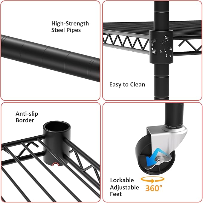 5 Tier Storage Shelves with Wheels, Heavy Duty Metal Garage Shelving Unit and Adjustable Feet, 865lb High Capacity Rolling Storage Shelf for Kitchen, Office, Dining Room (23.6"x 17.7"x 72"), Black