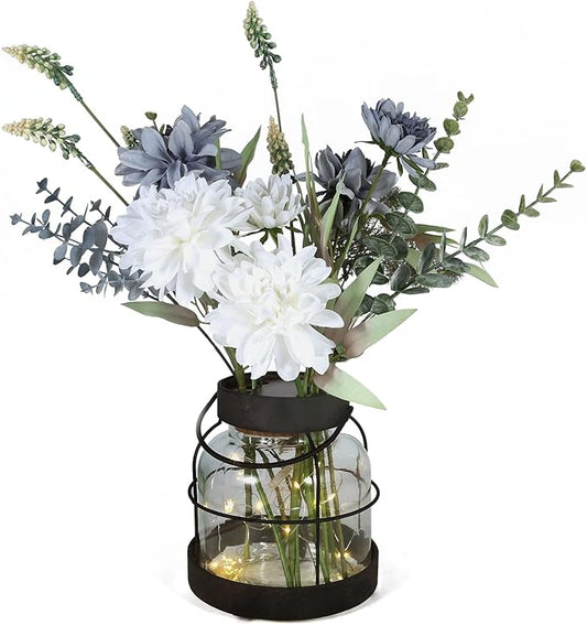 Vintage Farmhouse Lantern Decor LED Lighted Vase, Rustic Glass Vase with Artificial Flowers, Farmhouse Table Centerpiece for Floral Arrangements with Hidden Switch Lid