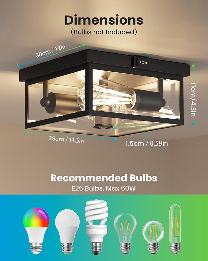 Outdoor Ceiling Light with Motion Sensor, Flush Mount Porch Light, Exterior Light Fixture with Clear Glass, Dusk to Dawn 2-Light Fixture for Patio,Porch (12 in)