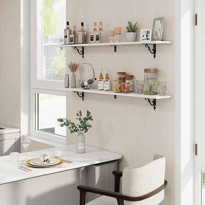 RICHFOCUS Floating Shelves for Wall Decor, 55.1W x 8D Wall Shelves Set of 2, 8 Inch Deep Rustic Wood Shelves Wall Mounted with Brackets, Long Floating Shelves for Living Room Bedroom Kitchen, White