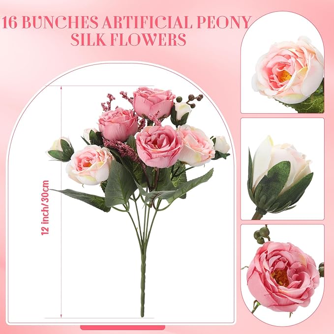 Geosar 16 Bundles Artificial Peonies Flowers Fake Silk Peony Bouquet Faux Peonies Flowers Bulk for Decoration Vase Florals Arrangements Wedding Party Table (Pink Lavender)