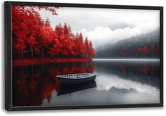 Olivine Lake Large Wall Art, Red Forest Pictures Wall Decor, Black And White Landscape Paintings, Boat Canvas Prints, Framed Artwork for Dining Room Bedroom Living Room Office Bathroom Home 36"x24"