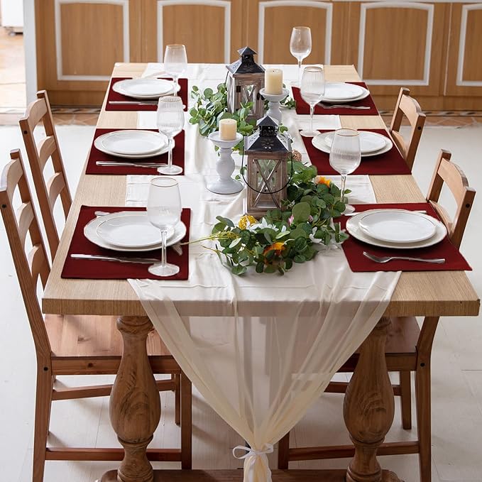 Cloth Burgundy Placemats Set of 8, Linen Type Fabric Placemats Machine Washable Heat Resistant Placemats Polyester Place Mats for Halloween, Thanksgiving and Christmas Dining Table (Burgundy)