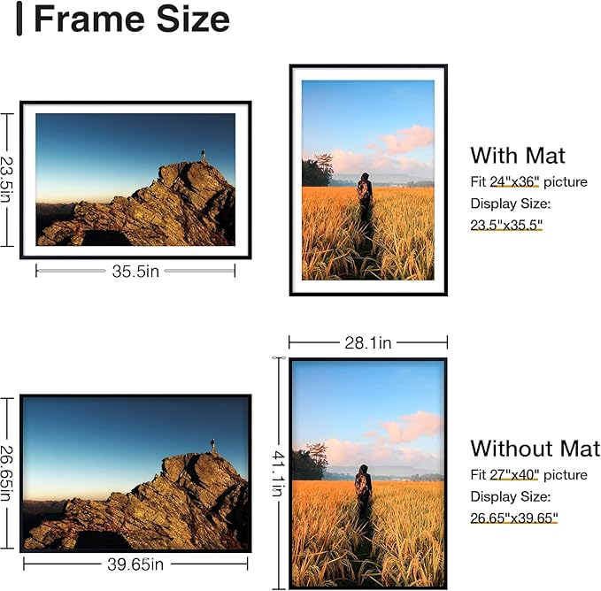 Vittanly 27x40 Picture Frame with Plexiglass - Large Black Poster Frame for Wall Display - Includes 24x36 Mat, Made of Durable PVC Design - 1 Pack