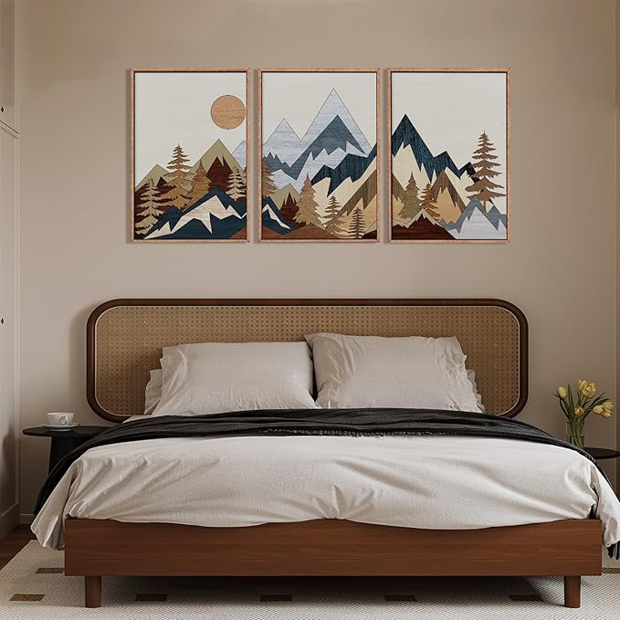 HOURIA Mid Century Mountain Woodland Framed Wall Art Set,Boho Sunrise Pine Tree Wall Decor,Wilderness Nature Forest Artwork,Modern Woodcut Field Art Print for Living Room,Bedroom,Office- 24"x36"x3