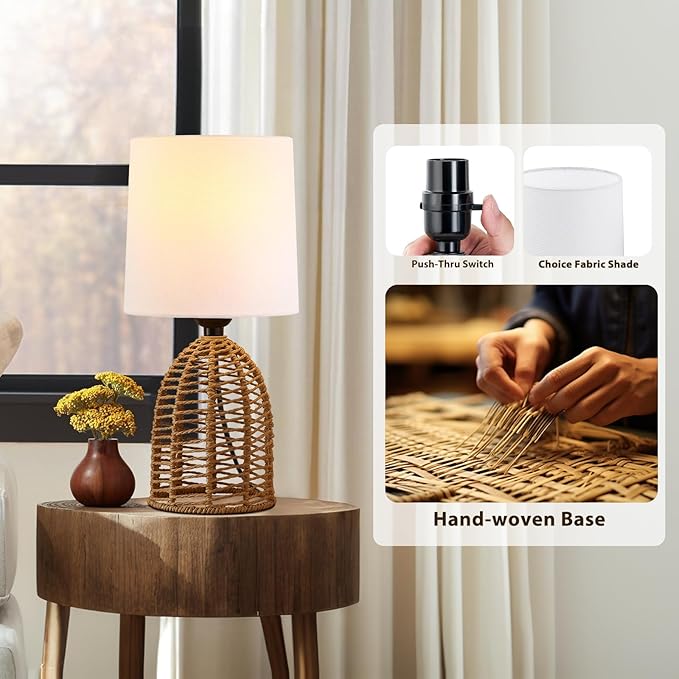 Rattan Lamp Boho Lamps Set of 2-13.75" Mini Farmhouse Table Lamp Rustic End Table Decorative Small Lamps for Small Spaces Bedroom Nightstand Living Room Reading Desk Side Table Lamp