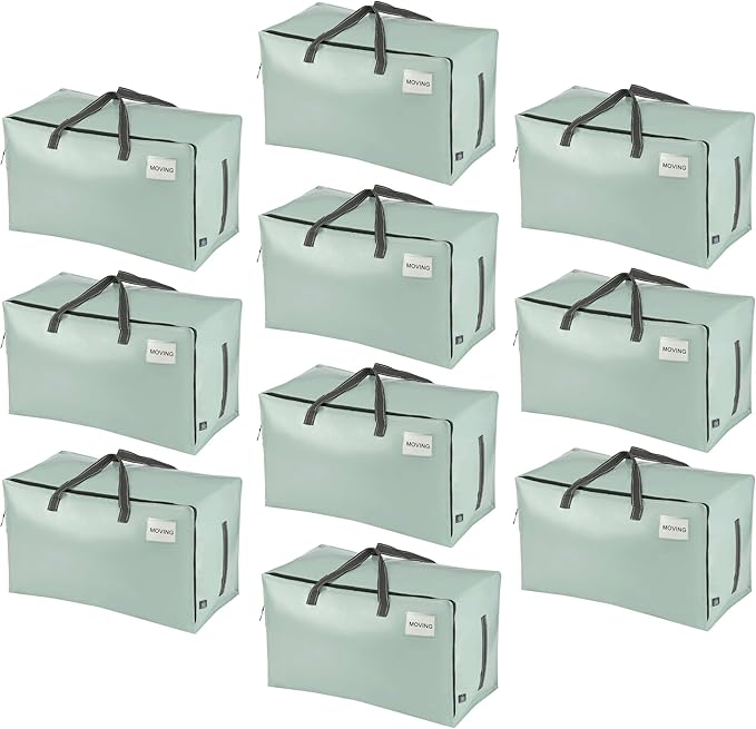 VENO 10 Pack Moving and Storage Bags, Heavy Duty, Alternative to Moving Boxes, Large Packing Totes Supplies for College Dorm Room with Zipper for Clothes, Wide Open Design (Shiny Light Green, 10 Pack)