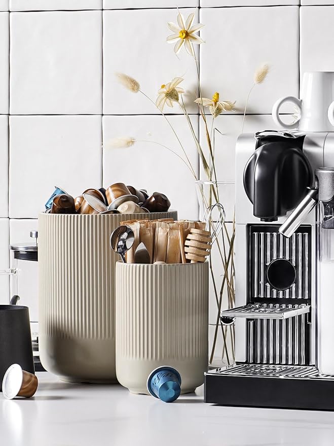 LE TAUCI Utensil Holder, 7.3"+5.4" Ceramic Kitchen Utensil Holder for Countertop, Large Cooking Utensil Crocks for Kitchen Counter, Modern Utensil Organizer for Spatula, Set of 2, Oatmeal Greige