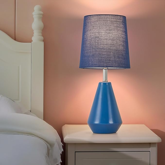 Small Bedside Table Lamp for Bedroom - Reading Desk Lamp with 3 Color Temperatures，15.5" Nightstand Ceramic Lamp with Fabric Shade for Kids Room,Living Room,Dorm,Home Office (Blue)