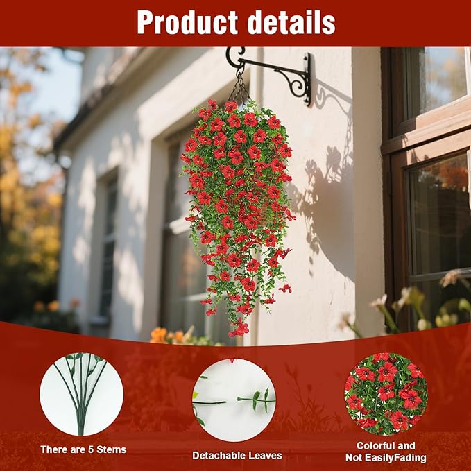 4 Pcs Fall Artificial Hanging Flowers for Outdoors,Fake Hanging Plants,Artificial Mums for Outdoors,Fall Decorations for Home,Outdoor Fall Decor(Red)