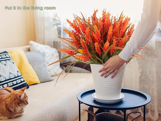 RECUTMS Artificial Fall Mums Flowers Plants Outdoors, Faux Plastic Shrubs Fake Greenery UV Resistant for Garden Patio Decor Window Box Office Hanging Planter Pathway Front Porch(Samlon)