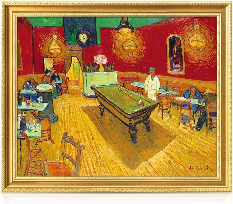 DECORARTS - Vincent van Gogh's The Night Cafe in Arles, Museum-Quality Giclee Canvas Print in Gold Solid Wood Frame, 34.75 x 28.75 in, Ready to Hang, Made in USA