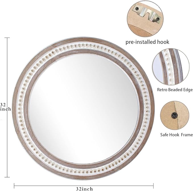 32'' Boho Wooden Large Round Wall Mirrors, Rustic Farmhouse Circle Mirrors Decorative for Bathroom, Bedroom Over Sink, Living Room, Entryway
