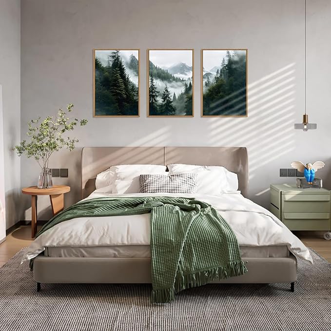 HOURIA Natural Sage Green Forest Mountain Framed Canvas Wall Art Set,Foggy Woodland Ridge Wall Decor,Misty Pine Tree Artwork,Boho Botanical Art Prints for Living Room, Bedroom, Farmhouse-24 x36 x3