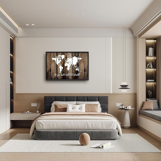 Flintis Large World Map Wall Art Go Ye Into All The World Pictures Wall Decor Abstract Canvas Painting Print Artwork Decoration Framed for Living Room Bathroom Master Bedroom Office 36L x 24W