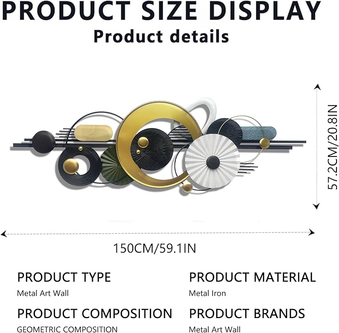 Modern Abstract Metal Wall Art,Large 59×20 Inches Wall Decor, Geometric Circles Design Wall Sculptures, Gold Black White, Wall Decoration for Living Room Bathroom Bedroom Dining Room