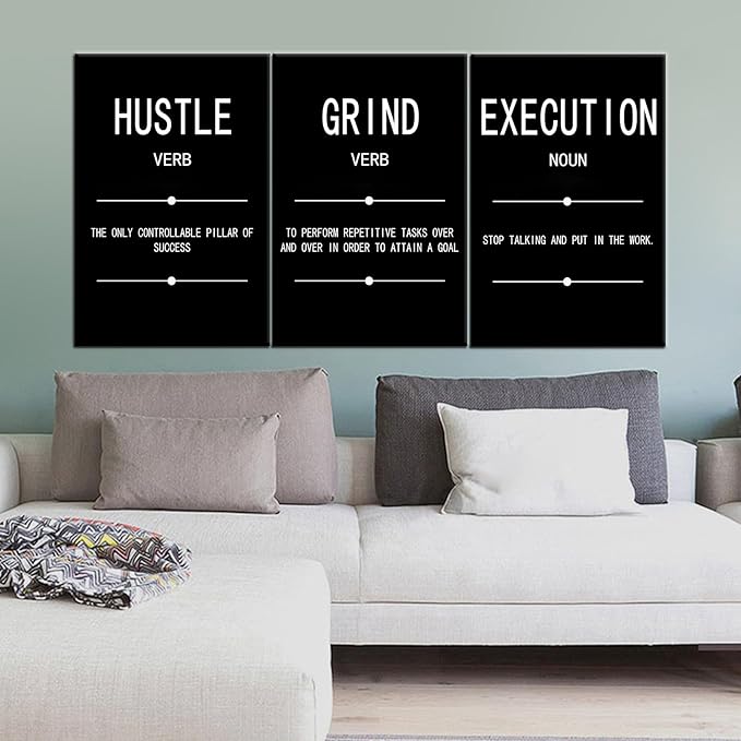 Motivational Wall Art Grind Hustle Execution Noun Poster Inspirational Quotes Painting 3 Pieces Canvas Print Office Decor Inspiring Framed for Wall Art Decoration Ready to Hang [72''Wx 36''H]
