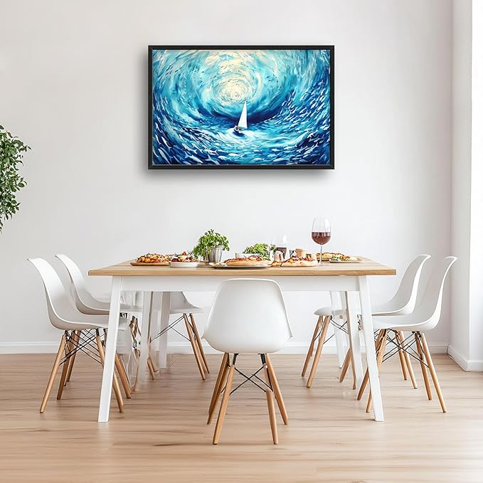 Sailboat Large Framed Wall Art Oversized Blue Sea Ocean Pictures Abstract Marine Nautical Fish Wall Decor Canvas Print Painting Aesthetic Modern Artwork for Living Room Bedroom Office Bathroom Home Decor 36L"x24W"