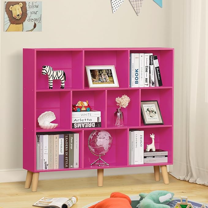 LEYAOYAO 10 Cube Bookshelf,3 Tier Modern Wide Bookcase with Legs,Mid-Century Wood Bookshelves Storage，Pink Large Book Case,Freestanding Organizer Display Shelf for Bedroom,Living Room,Office