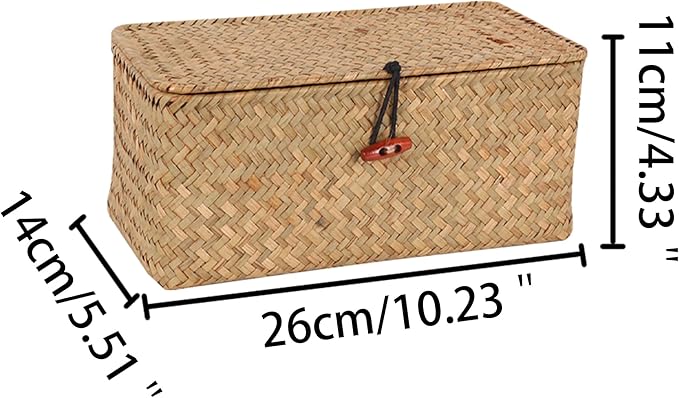 Wicker Shelf Baskets with Lid,Natural Seagrass Storage Basket Boxes Handwoven Rectangular Baskets Bins Multipurpose Home Organizer Decor (Small)