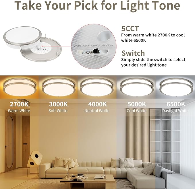 13Inch 36W Ceiling Light Fixtures 2 Packs, 5CCT LED Flush Mount Ceiling Mount Lights 2700K 3000K 4000K 5000K 6500K, Dimmable Close to Ceiling Lighting for Bathroom Kitchen Stairwell Bedroom, Nickel