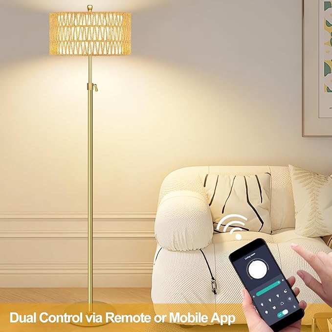 Gold Floor Lamps for Living Room Rattan Boho Floor Lamp with Remote Control,Dimmable Wicker Floor Lamp Modern Standing Lamp with 3 Color Temperature Brass Tall Floor Lamps for Bedroom Corner