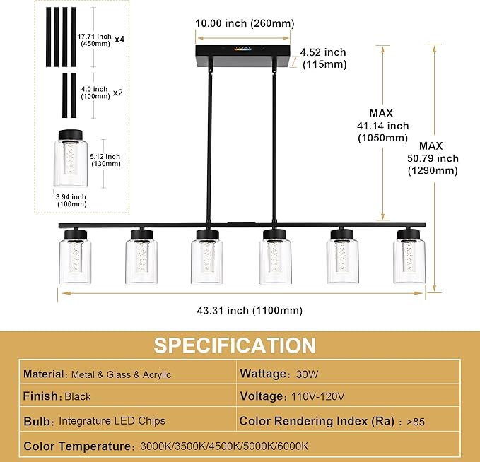6-Lights 5CCT LED Black Kitchen Island Light LED Integrated Bulbs Included, Modern Linear Pendant Light Fixtures Hanging with Bubble Crystal LED & Clear Glass Shade