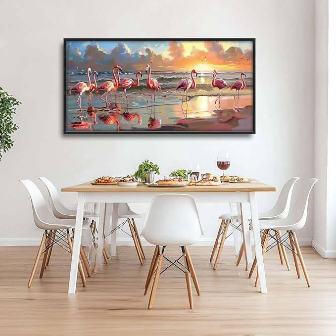 Flamingo Large Wall Art Coastal Beach Sunrise Pictures Wall Decor Seascape Canvas Print Painting Artwork for Bathroom Living Room Bedroom 60L"x30W"