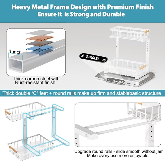 Under Sink Organizer 2 pack, 2 Tier Slide Out Under Sink Organizers And Storage, Height Adjustable Pull Out Cabinet Drawers, Kithcen Bathroom Metal Storage Caddy Shelf, White