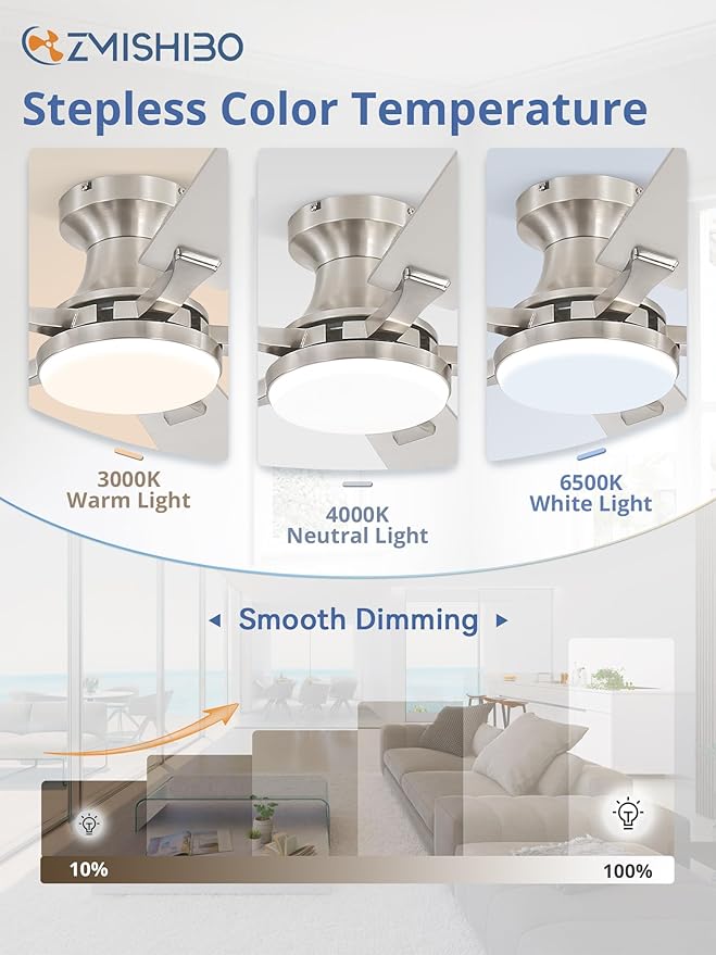 ZMISHIBO 52 Inch Ceiling Fan with Light, App&Remote Control, Flush Mount Low Profile, Dimmable 20W LED Light, Quiet Reversible Motor for Bedroom, Living Room, Apartment, Nickel
