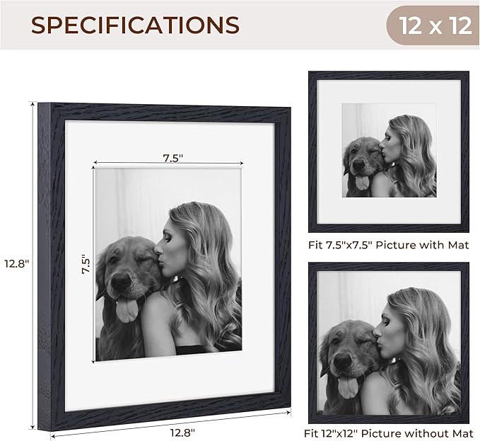 Black 12x12 Picture Frame Set of 2, High-End Oak Wood Frame 12 x 12 for Wall, Square Wooden 12 by 12 Gallery Frames Set, 12x12 Frame Matted to 8x8, Real Glass 12 x 12 Frames