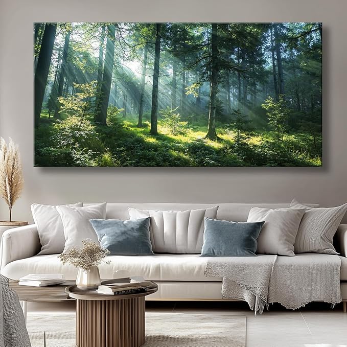Huaaliunn Large Green Forest Wall Art for Living Room and Bedroom, Canvas Wall Art Framed Ready to Hang, Modern Landscape Nature Painting, Wall Decor for Home Office 60x120cm(24x48in)